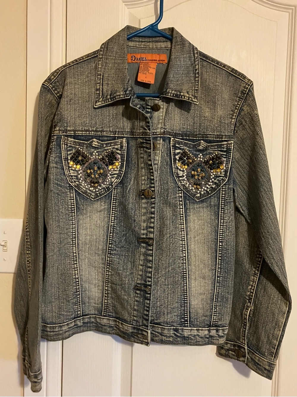 Denim Jean Jacket with Embellished Pockets - Washed Blue